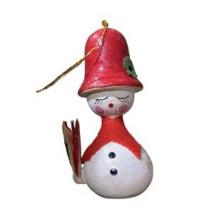 VINTAGE wooden snowman Christmas ornament hand painted Red Scarf and Hat Flower